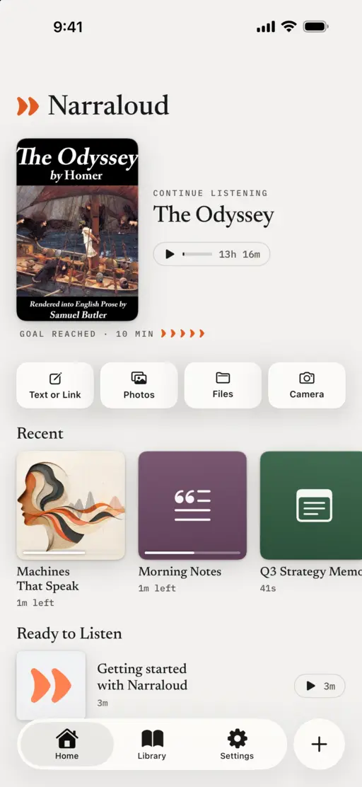 The Narraloud home screen on an iPhone, with The Odyssey ready to continue listening