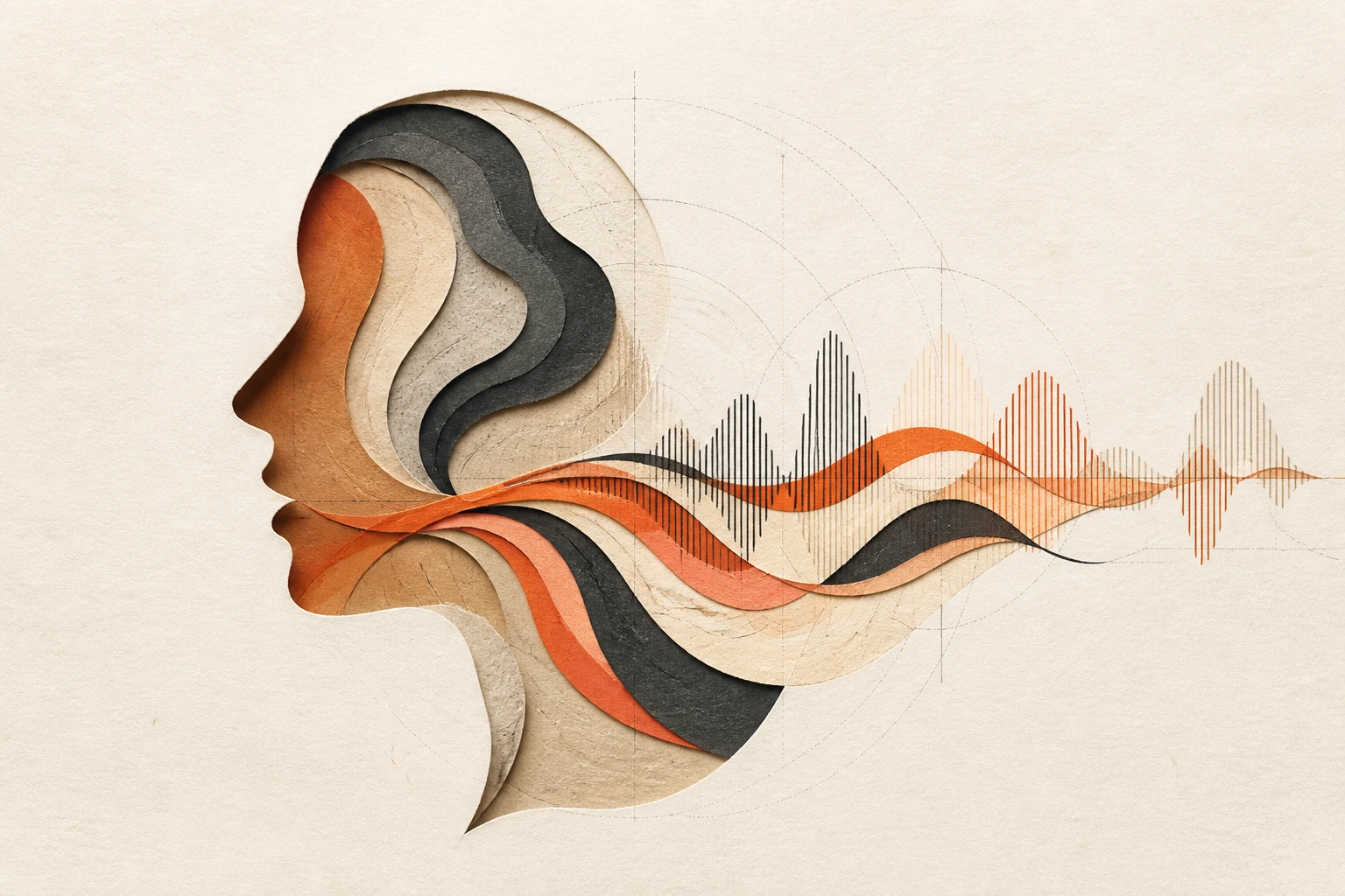 Paper-cut illustration of a face in profile, layered strands of paper flowing from its mouth into a waveform